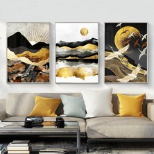 Kolaj Tasarım Siyah ve Sarı Detaylı Metal Çerçeveli Tablo Seti Gümüş /s