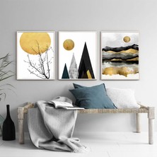 Kolaj Tasarım Siyah Sarı Geometrik Desenli Metal Çerçeveli Tablo Seti Beyaz /s
