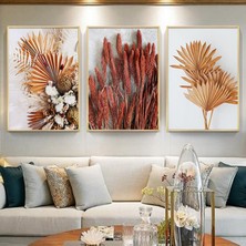 Kolaj Tasarım Turuncu Çiçekler Desenli Metal Çerçeveli Tablo Seti Altın /s