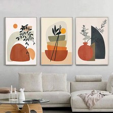 Kolaj Tasarım Turuncu ve Krem Detaylı Metal Çerçeveli Tablo Seti Gümüş /s