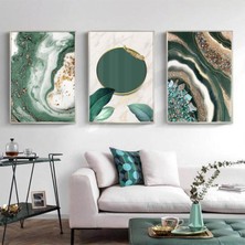 Kolaj Tasarım Yeşil ve Gold Detaylı Metal Çerçeveli Tablo Seti Gümüş /s