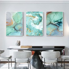 Kolaj Tasarım Yeşil-Mavi Soyut Desenli Metal Çerçeveli Tablo Seti Beyaz /s