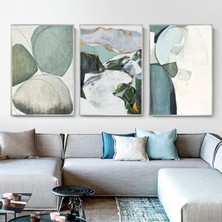 Kolaj Tasarım Yeşil Soyut Desenli Metal Çerçeveli Tablo Seti Gümüş /s