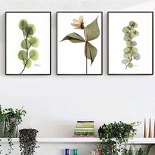 Kolaj Tasarım Yeşil Yapraklı Çiçek Desenli Metal Çerçeveli Tablo Seti Siyah /s