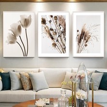 Kolaj Tasarım Çiçek Detaylı Metal Çerçeveli Tablo Seti Beyaz /s