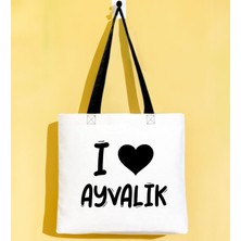 Bk Gift I Love Ayvalık Siyah Renkli Kulp Gabardin Bez Çanta 40X35CM, Baskılı Omuz Çantası, Alışveriş Çantası, Plaj Çantası