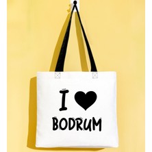 Bk Gift I Love Bodrum Siyah Renkli Kulp Gabardin Bez Çanta 40X35CM, Baskılı Omuz Çantası, Alışveriş Çantası, Plaj Çantası
