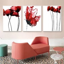 Kolaj Tasarım Kırmızı Çiçek Desenli Metal Çerçeveli Tablo Seti Beyaz /s