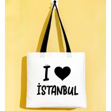 Bk Gift I Love Istanbul Siyah Renkli Kulp Gabardin Bez Çanta 40X35CM, Baskılı Omuz Çantası, Alışveriş Çantası, Plaj Çantası