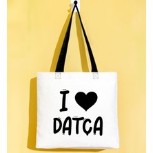 Bk Gift I Love Datça Siyah Renkli Kulp Gabardin Bez Çanta 40X35CM, Baskılı Omuz Çantası, Alışveriş Çantası, Plaj Çantası