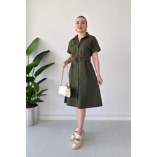 Mazi Butik Gabardin Gömlek Elbise Haki