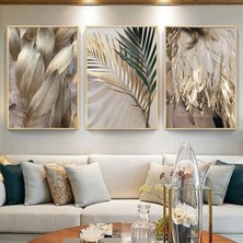 Yeşil ve Kahve Tonları Çiçek Desenli Metal Çerçeveli Tablo Seti Altın