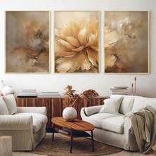 Kolaj Tasarım Sıcak Renklerin Dansı: Soyut Çiçek Sanatı Üçlü Metal Çerçeveli Tablo Seti