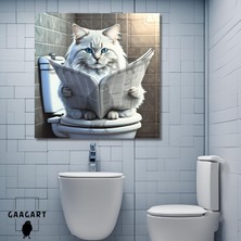 Gaagart Tekli Kare Kanvas Banyo Tablosu Gazete Okuyan Beyaz Chinchilla Kedi