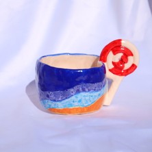 Lily & Loly Ceramics Lolipop Kulplu Deniz Efektli El Yapımı Seramik Kupa 200 ml - Özel Tasarım Içecek Keyfi