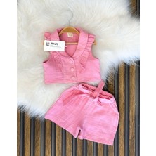 Arbi Kids Kız Çocuk Pembe Müslin Kumaş Şortlu Yazlık Takım