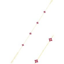 Söğütlü Silver Gümüş Altın Yaldızlı Fuşya Taşlı Yonca Bileklik SGTL12502GOLD