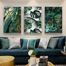 Kolaj Tasarım Yeşil Yapraklar Tasarım Metal Çerçeveli Tablo Seti Gümüş /s