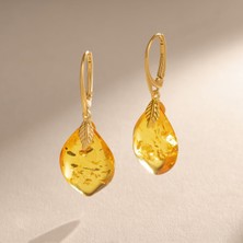 Amber By Mazukna Bal Sarısı Köşeli Damla Kesim Kehribar Küpe, 925 Gümüş Altın Kaplama Kilit, Sertifikalı