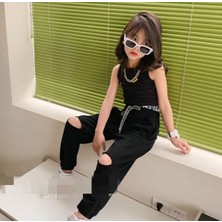 Kids Face Özel Tasarım Düz Renk Diz Yırtık Detaylı Kolsuz Yazlık Kız Çocuk Crop Eşofman Takımı