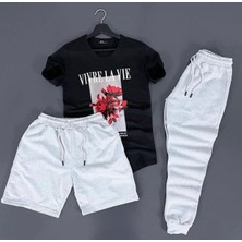 Amor Man Büyük Beden Özel Tasarım Vivre La Vie Baskılı Kısa Kollu Yazlık Erkek 3 Lü Eşofman Takımı