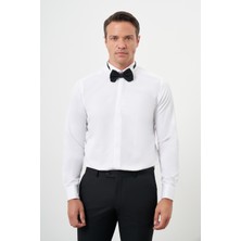 Morven  Erkek Beyaz Manşetlii Jakar Desen Ata Yaka Slim Fit Gömlek