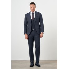 Morven  Erkek Lacivert Poliviskon Trend Yelekli Desenli Slim Fit Sivri Yaka Takım Elbise