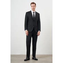 Morven  Erkek Siyah Yünlü Platinium Düz Desen Dynamic Fit Mono Yaka Takım Elbise