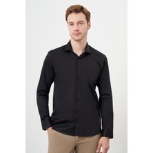 Morven  Erkek Siyah Pamuk Düz Desen Italyan Yaka Slim Fit  Gömlek