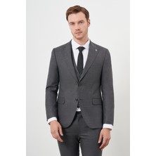 Morven  Erkek Siyah Poliviskon Trend Yelekli Desenli Slim Fit Sivri Yaka Takım Elbise