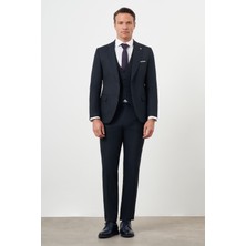 Morven  Erkek Lacivert Poliviskon Basic Yelekli Jakar Desen Slim Fit Sivri Yaka Takım Elbise