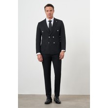 Morven  Erkek Siyah Poliviskon Trend Kruvaze Slim Fit Sivri Yaka Takım Elbise