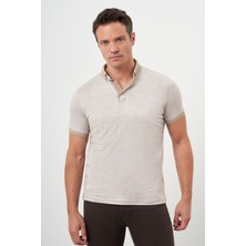 Morven  Erkek Bej Trend Merserize Jakar Desen Düğmeli Yaka Dynamic Fit T-Shirt