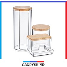 Candy Shine Ahşap Kapak 3'lü Organizer Set Modern Pamukluk Banyo Düzenleyici Şık 3'lü Pamukluk Set