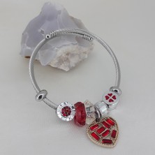 Pina Hediyelik Aksesuar Çelik Gümüş Renk Kırmızı Beyaz Zirkon Taşlı Kalp Yonca Love Charmlı Bileklik