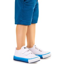 Kiko Kids Linen Cırtlı Erkek Bebek Keten Spor Ayakkabı Beyaz - Mavi