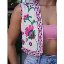 Msm Fashion Ekru Çiçek Nakışlı Kısa Keten Yelek