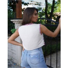 Msm Fashion Ekru Çiçek Nakışlı Kısa Keten Yelek