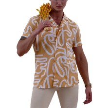 Exve Exclusive Sarı Beyaz Abrsract Desen Baskılı Hawaii Rahat Kesim Kısakol Yazlık Gömlek
