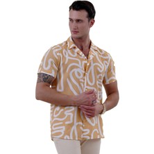Exve Exclusive Sarı Beyaz Abrsract Desen Baskılı Hawaii Rahat Kesim Kısakol Yazlık Gömlek