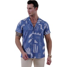 Exve Exclusive Mavi Beyaz Etnik Desen Baskılı Hawaii Rahat Kesim Kısakol Yazlık Gömlek