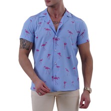 Exve Exclusive Mavi Üzerine Pembe Flamingo Baskılı Hawaii Rahat Kesim Kısakol Yazlık Gömlek