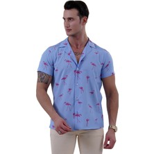 Exve Exclusive Mavi Üzerine Pembe Flamingo Baskılı Hawaii Rahat Kesim Kısakol Yazlık Gömlek