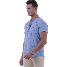 Exve Exclusive Mavi Üzerine Pembe Flamingo Baskılı Hawaii Rahat Kesim Kısakol Yazlık Gömlek