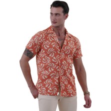 Exve Exclusive Turuncu Bej Çiçek Baskılı Trend Hawaii Rahat Kesim Kısakol Yazlık Gömlek