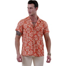 Exve Exclusive Turuncu Bej Çiçek Baskılı Trend Hawaii Rahat Kesim Kısakol Yazlık Gömlek