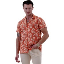 Exve Exclusive Turuncu Bej Çiçek Baskılı Trend Hawaii Rahat Kesim Kısakol Yazlık Gömlek