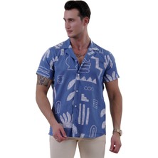 Exve Exclusive Mavi Beyaz Etnik Desen Baskılı Hawaii Rahat Kesim Kısakol Yazlık Gömlek