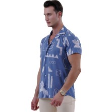 Exve Exclusive Mavi Beyaz Etnik Desen Baskılı Hawaii Rahat Kesim Kısakol Yazlık Gömlek