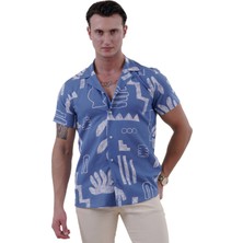 Exve Exclusive Mavi Beyaz Etnik Desen Baskılı Hawaii Rahat Kesim Kısakol Yazlık Gömlek
